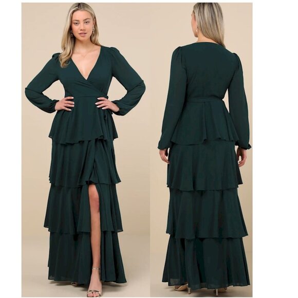 Lulus Marvelous Grace Emerald Long Sleeve Tiered Wrap Maxi Dress Size XL NWOT - Picture 1 of 6